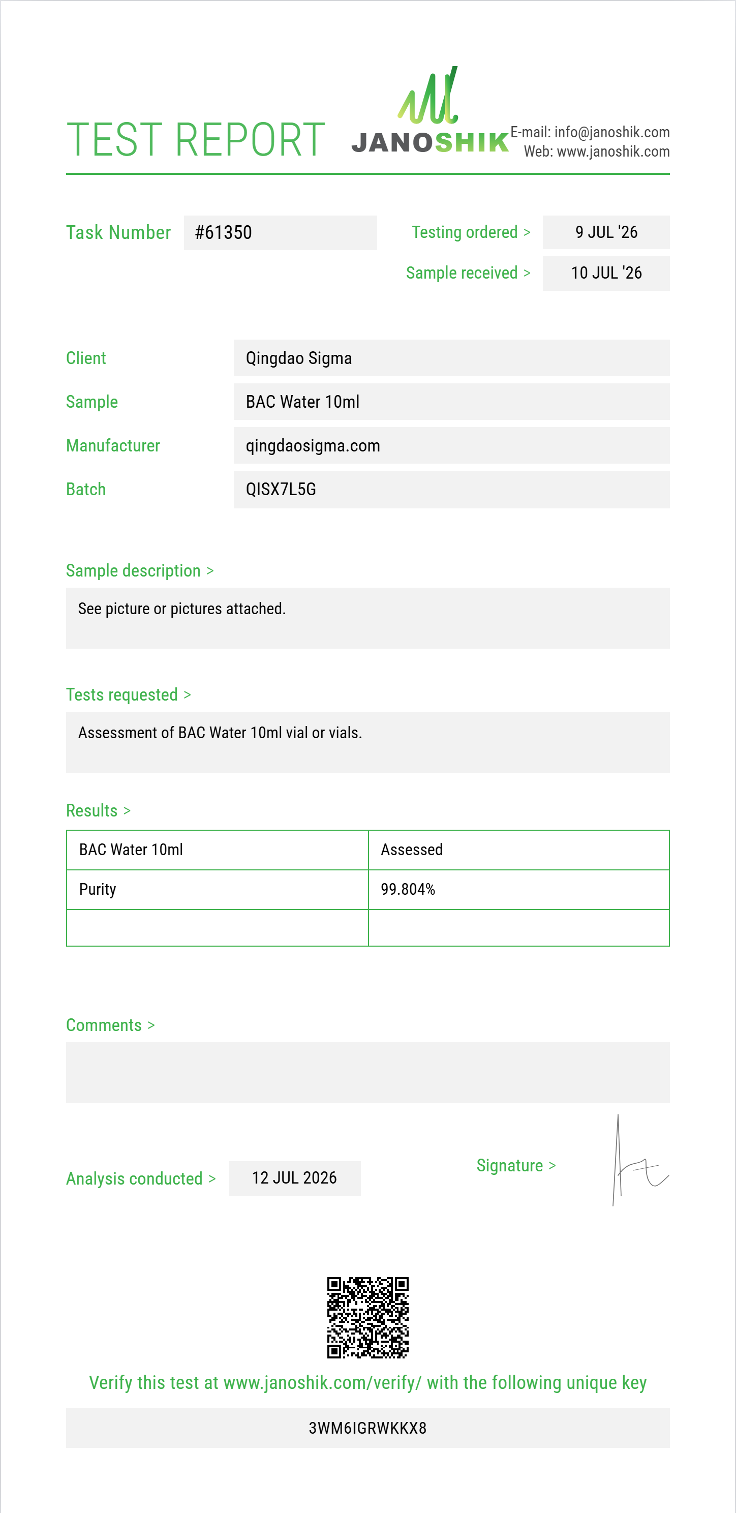 BAC Water Purity (HPLC) report by Janoshik Analytical