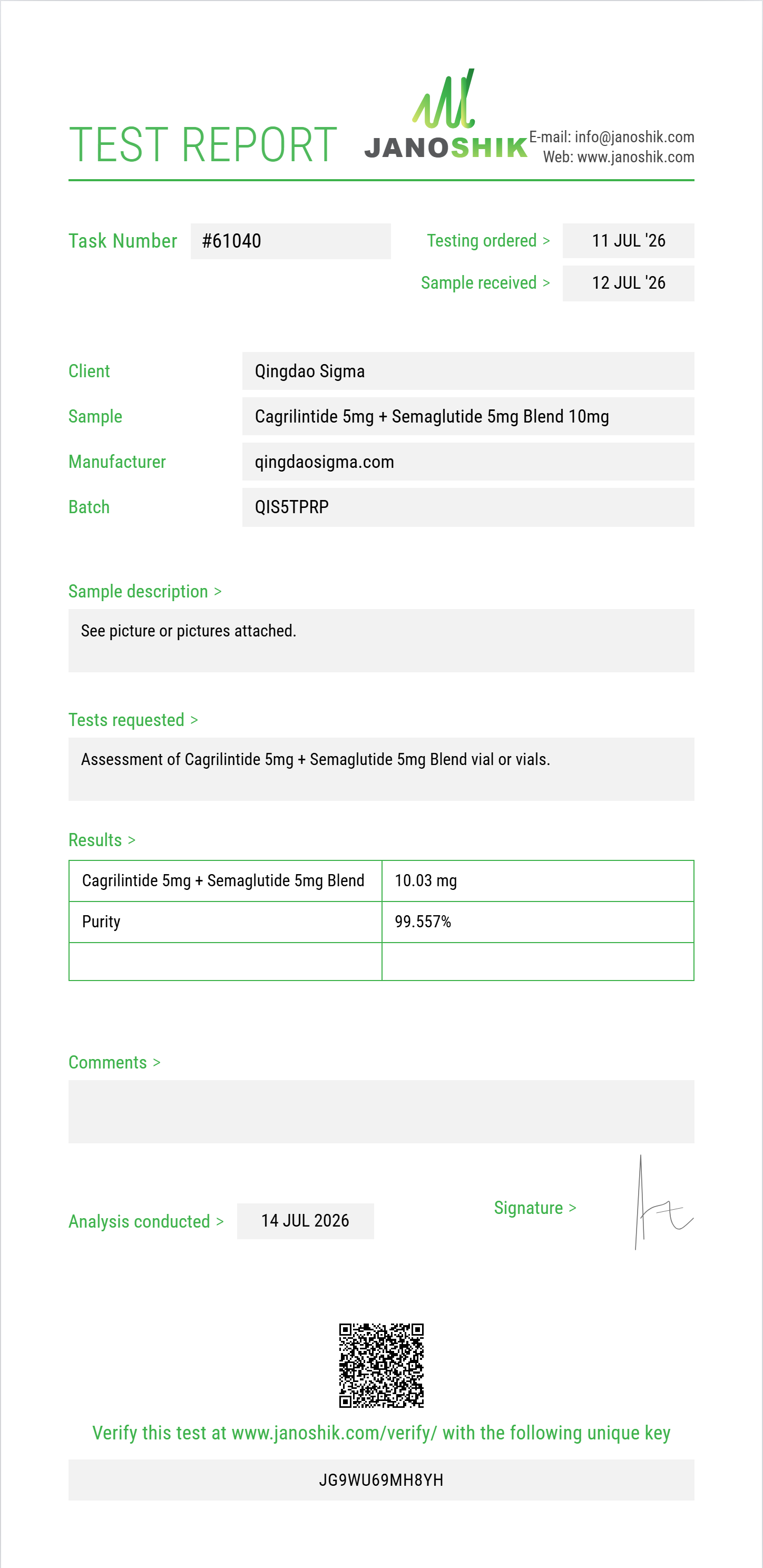 Cagrilintide 5mg + Semaglutide 5mg Blend Purity (HPLC) report by Janoshik Analytical