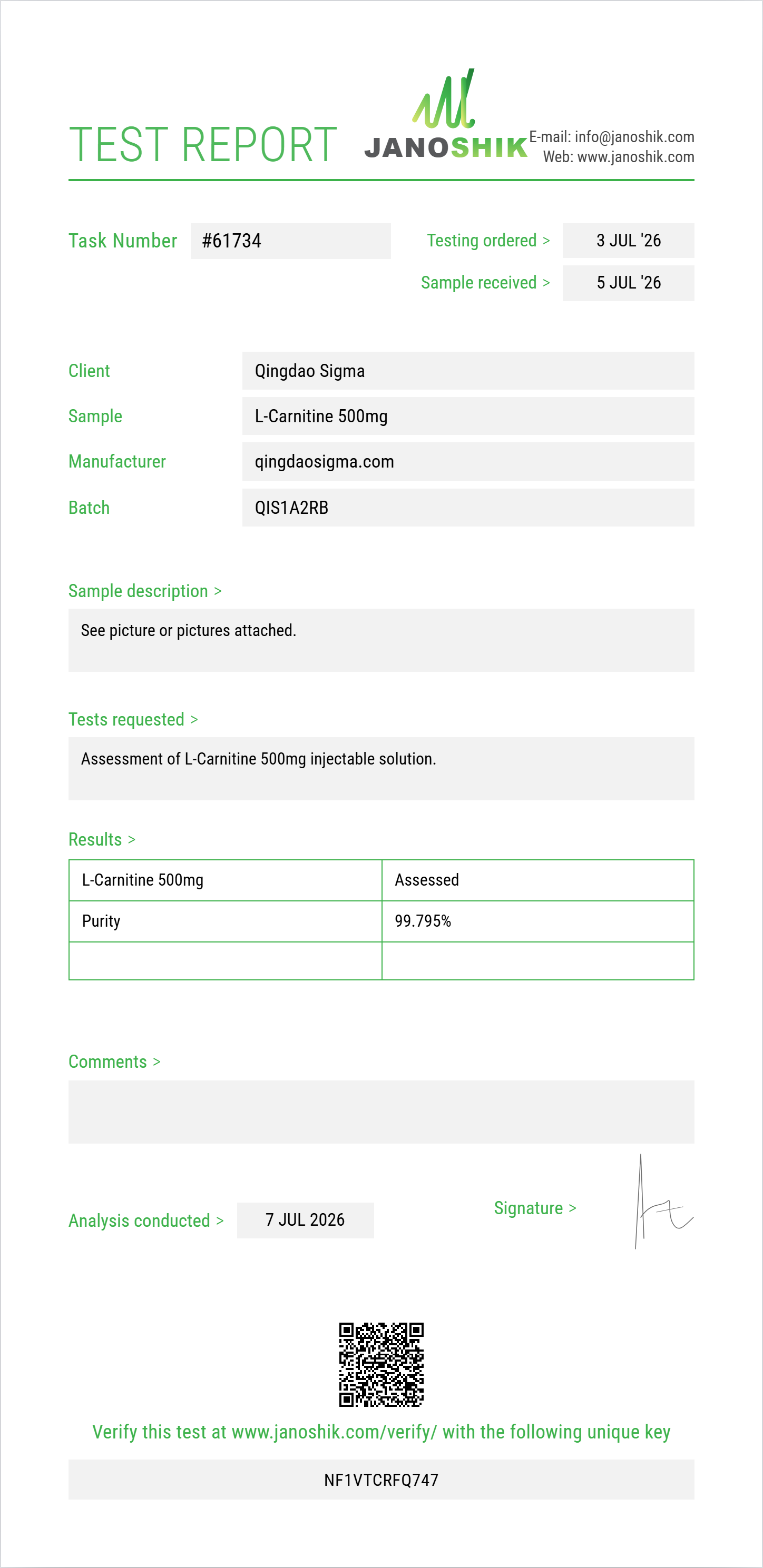 L-Carnitine 500mg Purity (HPLC) report by Janoshik Analytical