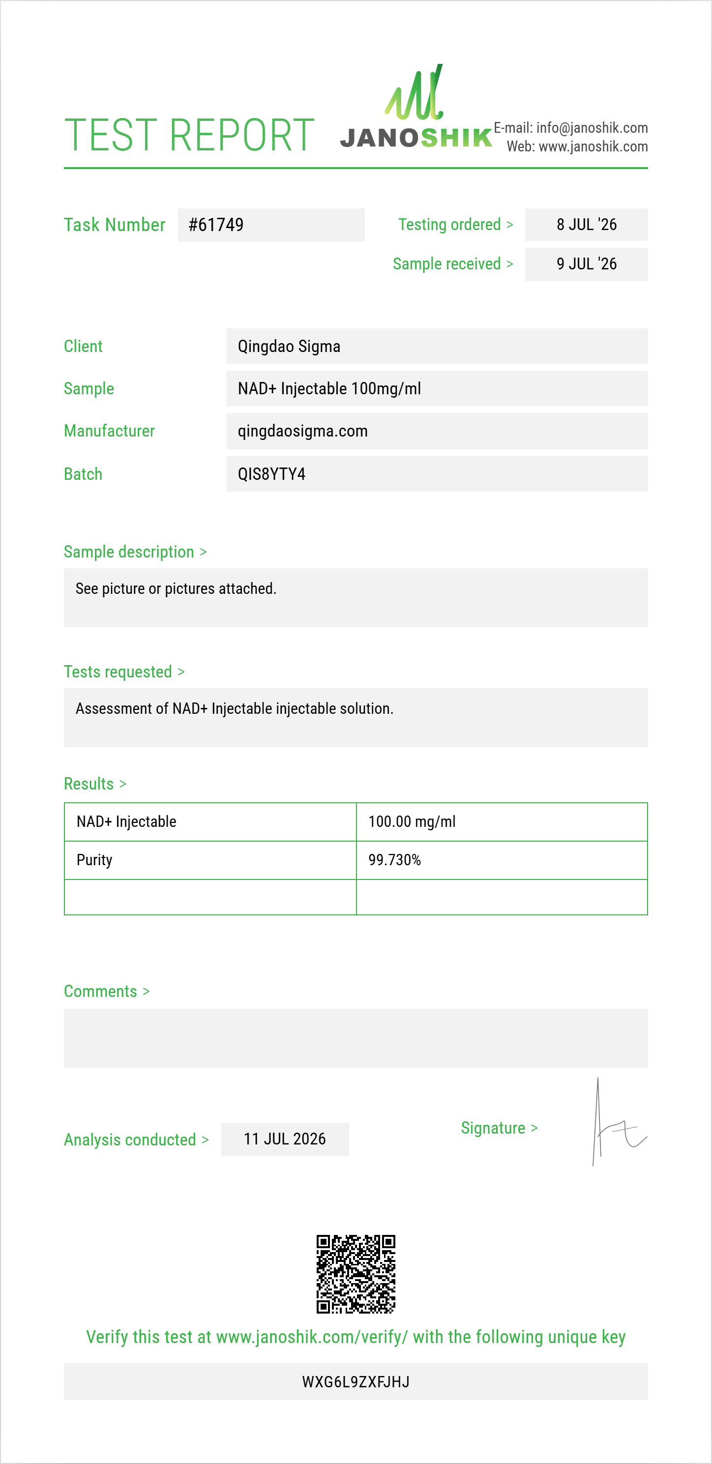 NAD+ Injectable Purity (HPLC) report by Janoshik Analytical