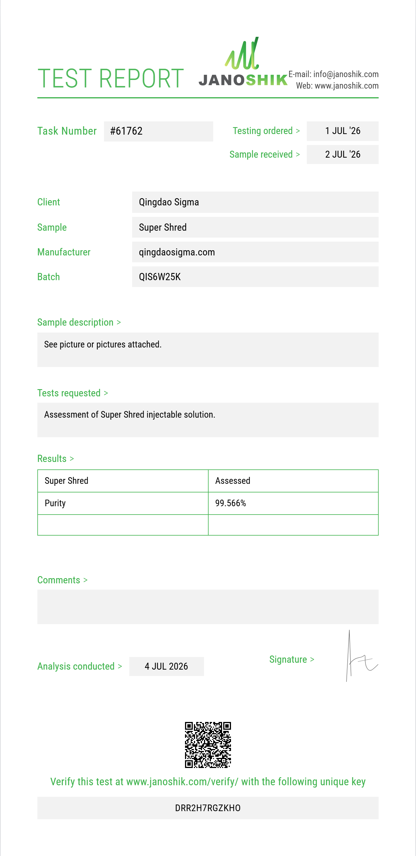 Super Shred Purity (HPLC) report by Janoshik Analytical