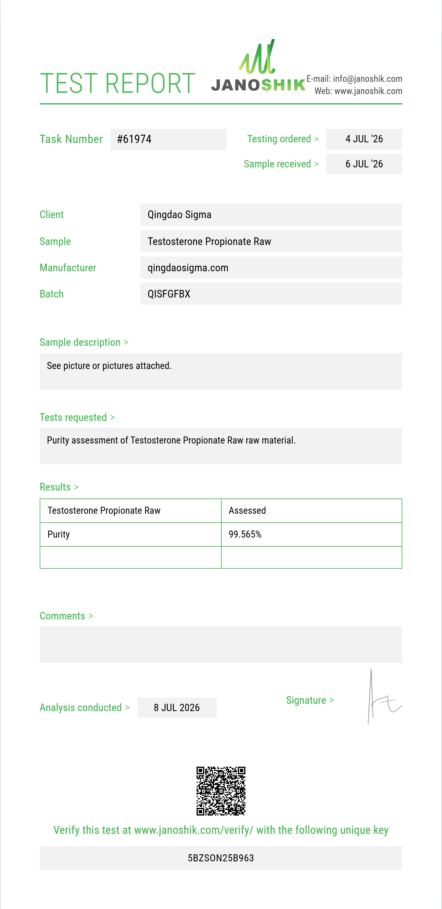 Testosterone Propionate Raw Purity (HPLC) report by Janoshik Analytical