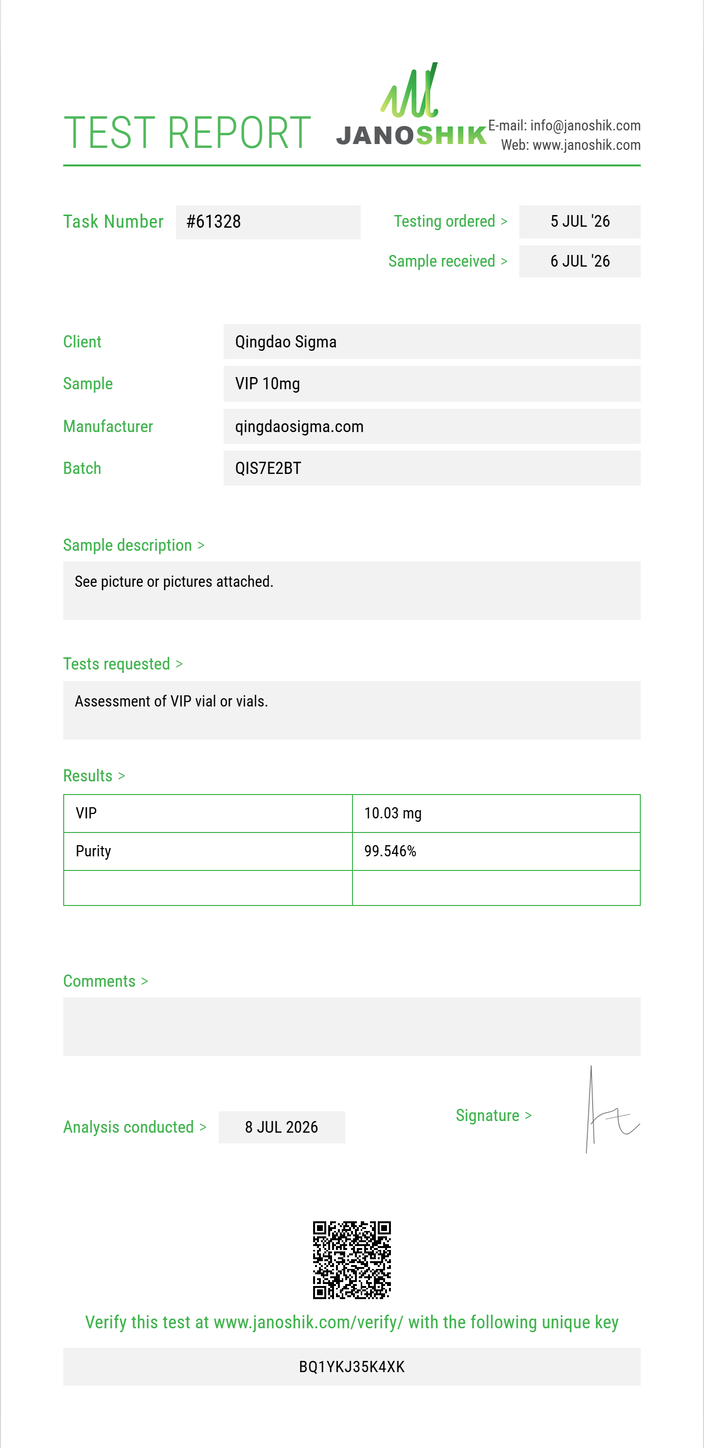 VIP Purity (HPLC) report by Janoshik Analytical